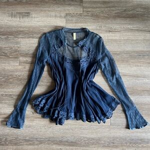 Vintage Free People Navy Lace Detail Long Sleeve Sheer Blouse